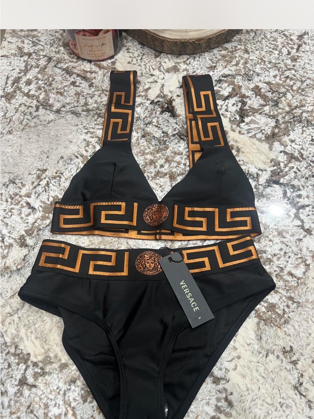 Versace Black and Gold Greek Key Medusa Bikini Set